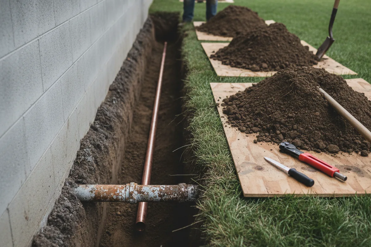 Excavated water line trench during Sewer Line Repair in Marble Falls